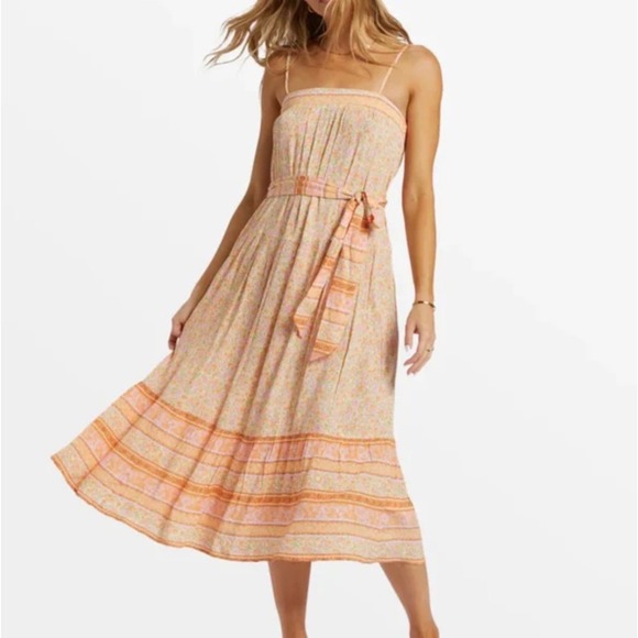 Billabong Dresses & Skirts - Billabong Floral Print Midi Sundress Strappy Belted Orange Pink Wish For You "M"